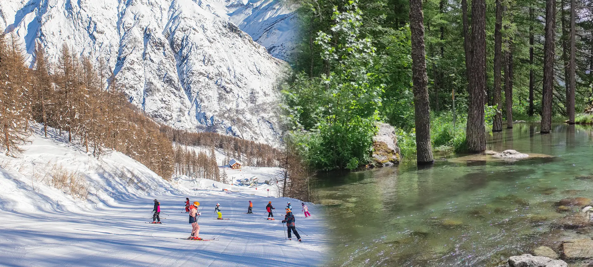 Photos représentant Pelvoux en hiver et en été. Sur la gauche des skieurs descendant les pistes, à droite un chemin de balade parfait pour profitez du paysage.