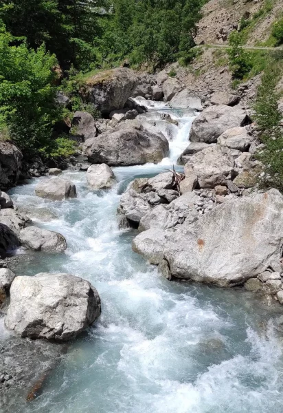 Photo reprensant une cascade d'eau entre des rochets au bord d'une foret.